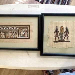 Lot of 2 Earth-Tone Framed Ancient Egyptian Papyrus Art Painting Signed OS